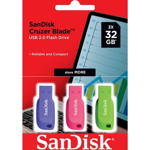 Sandisk Cruzer Blade USB Flash Drive - 3-Pack Colours - 32 GB